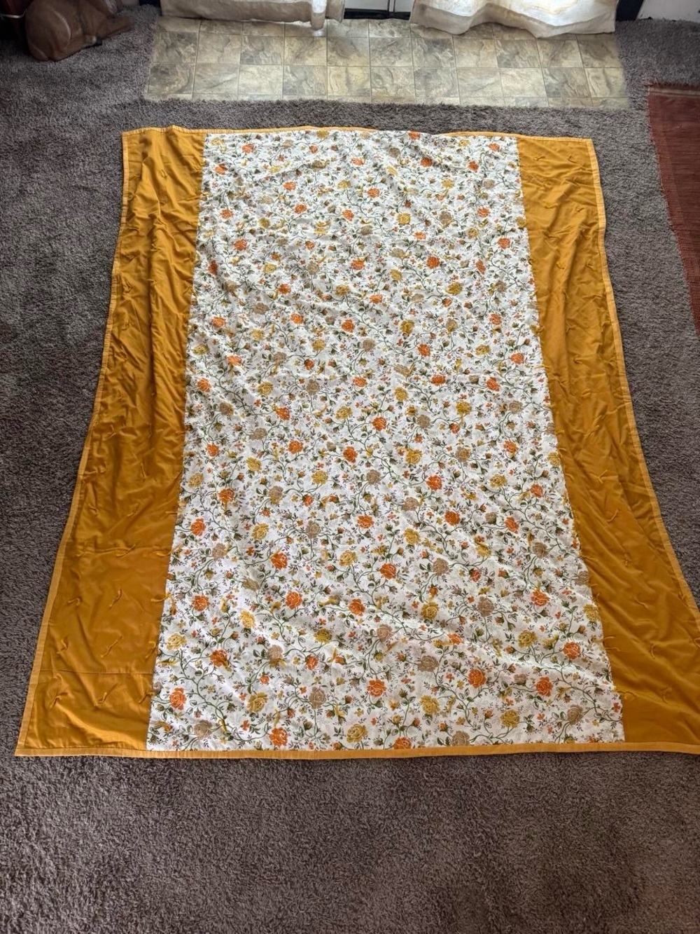 Vintage Handmade Mustard Yellow Floral Quilt Blanket
